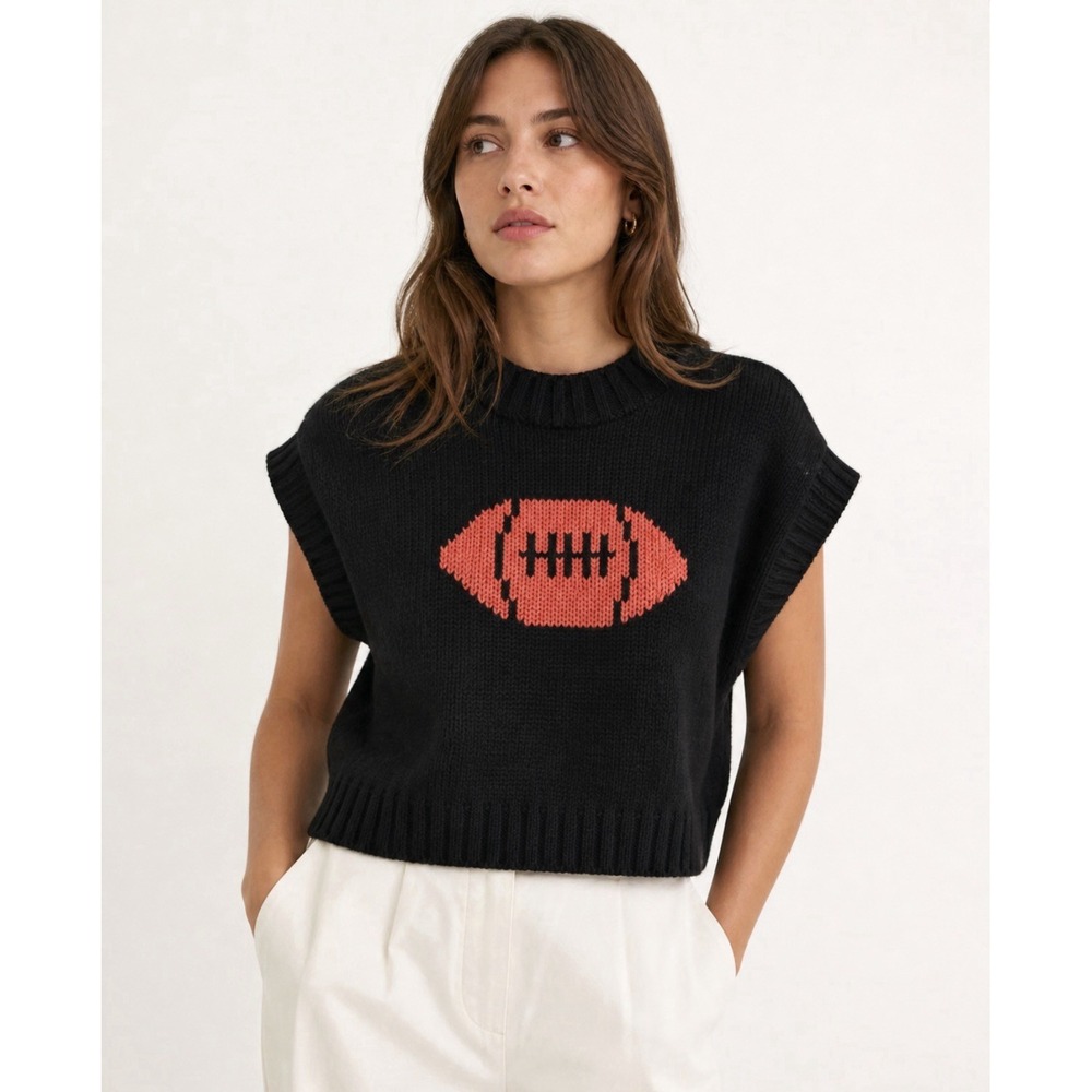 NEW! BiBi Football Short Sleeve Knit Sweater Black SZ XL